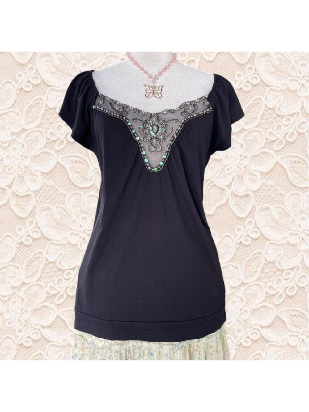 Y2K black fairy top with beaded and sequin details